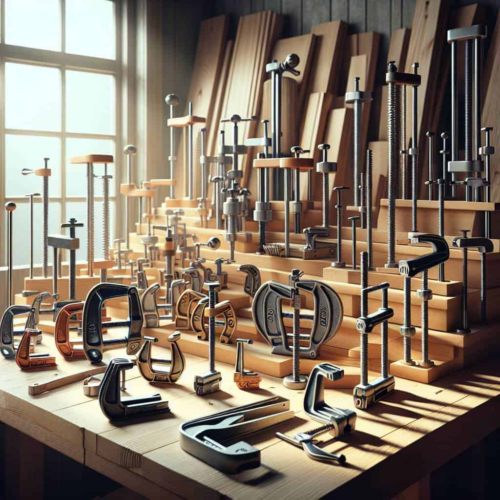 Different types of clamps for woodworking.