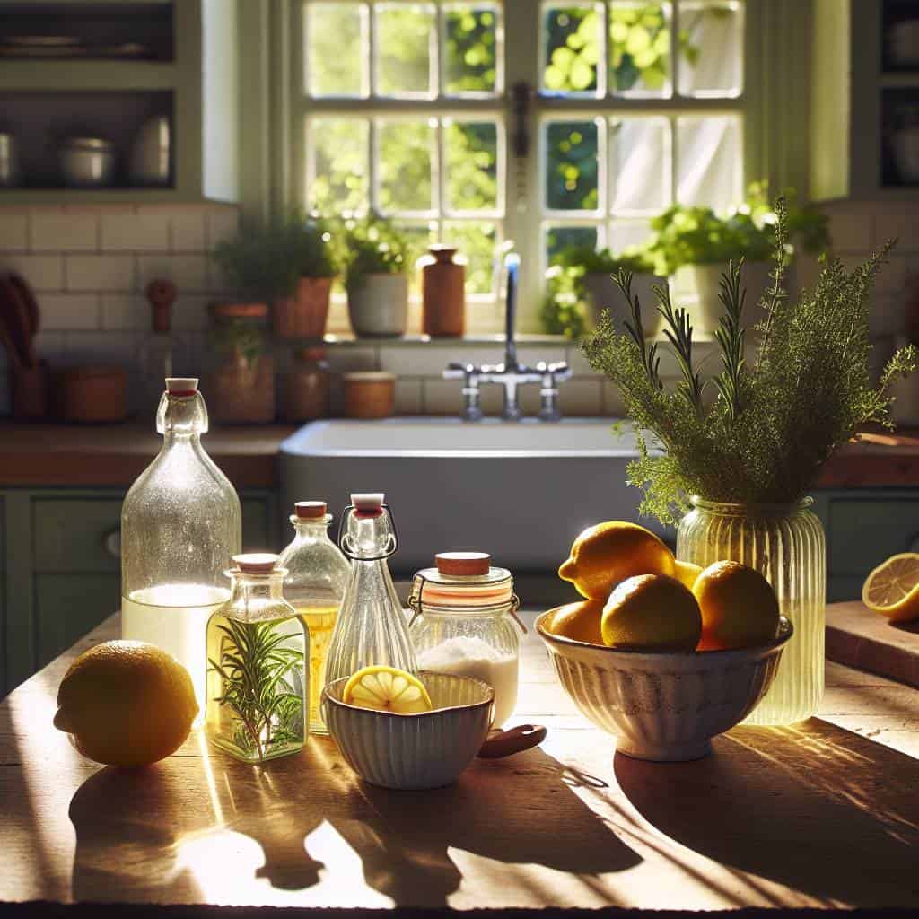 DIY natural cleaning products on countertop
