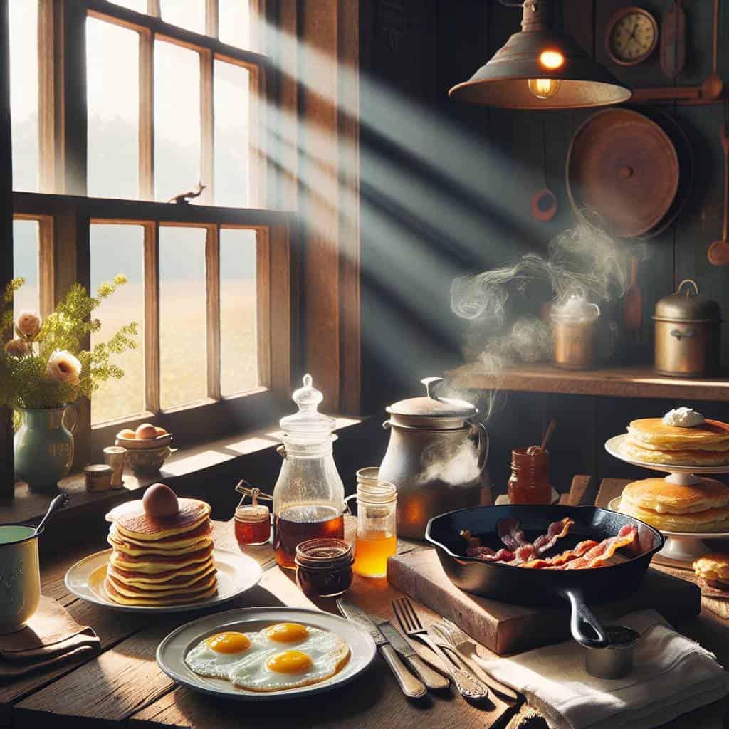 Hearty farm-style breakfast recipes on table.