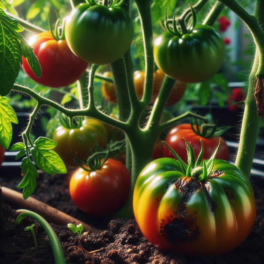 Blossom end rot on tomato in garden.