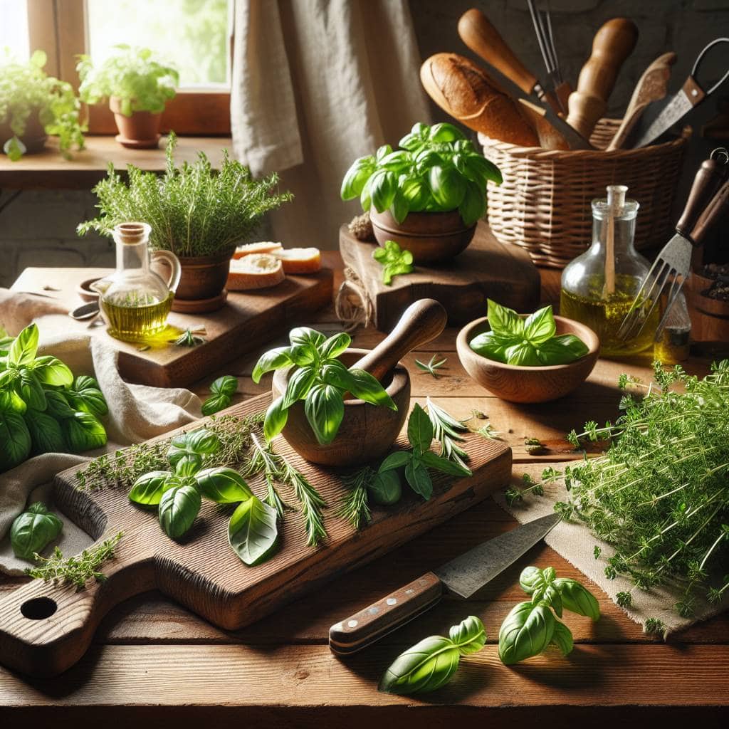 Recipes for using fresh garden herbs display.